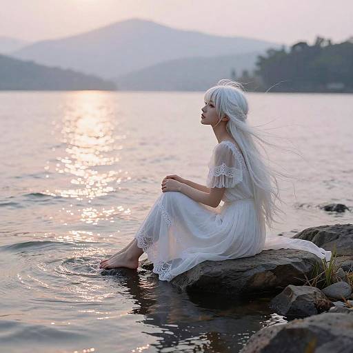 Photograph of a white-haired woman in a lace dress, sitting on a rock by a serene lake at sunset, with mountains in the background.