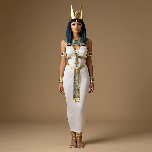 Photograph of a woman in an Egyptian-inspired outfit: white dress, gold accessories, blue hair, golden crown, standing against beige background.