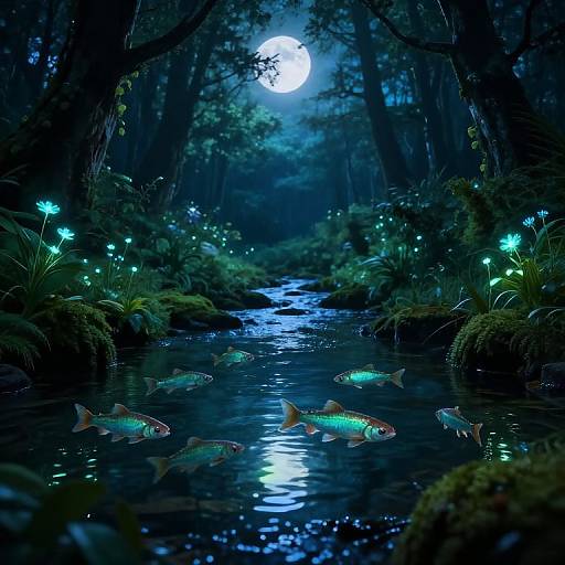 Enchanted Forest Stream with Glowing Fish