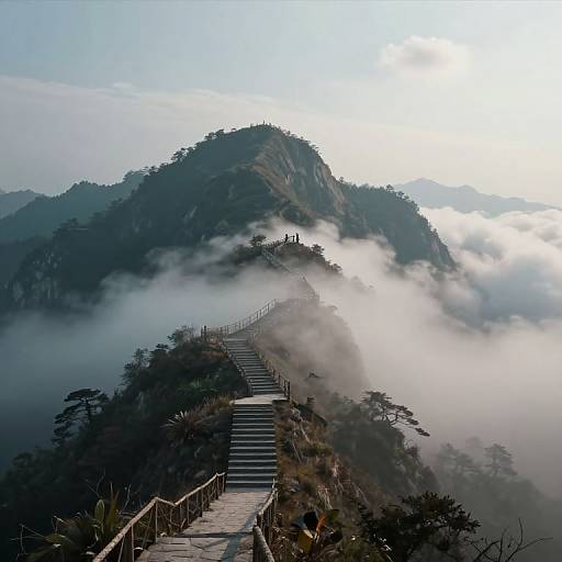 Photograph of a misty mountain staircase ascending to a forested peak, with small figures at the top, surrounded by clouds.