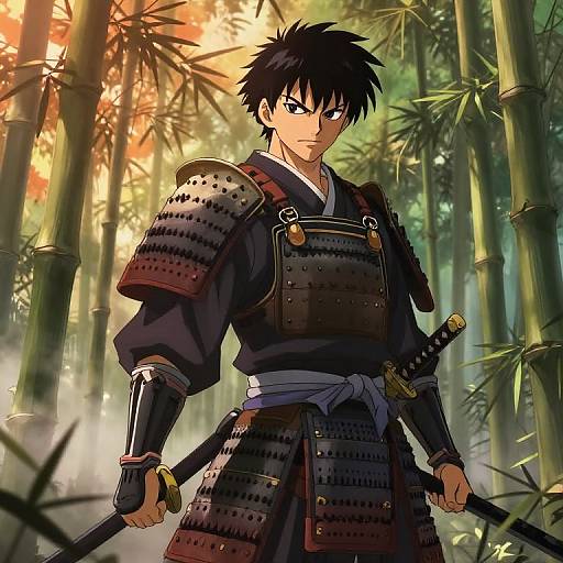 Anime-style digital illustration of a determined young samurai with black hair, blue eyes, and dark armor, standing in a bamboo forest at sunset, holding