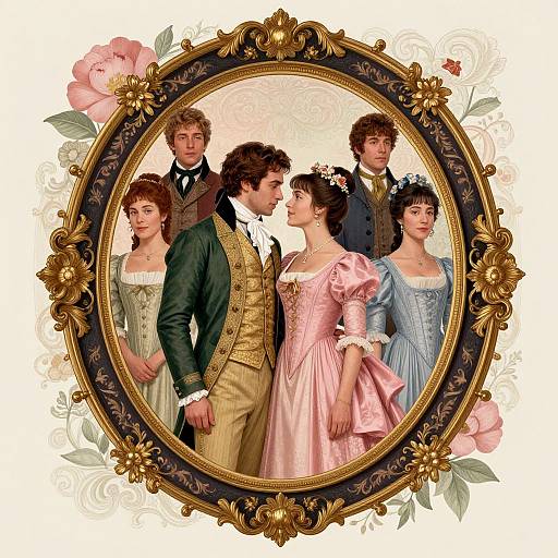 Vintage-style illustration of four young people in 19th-century formal attire, framed by an ornate gold circular frame with pink flowers.