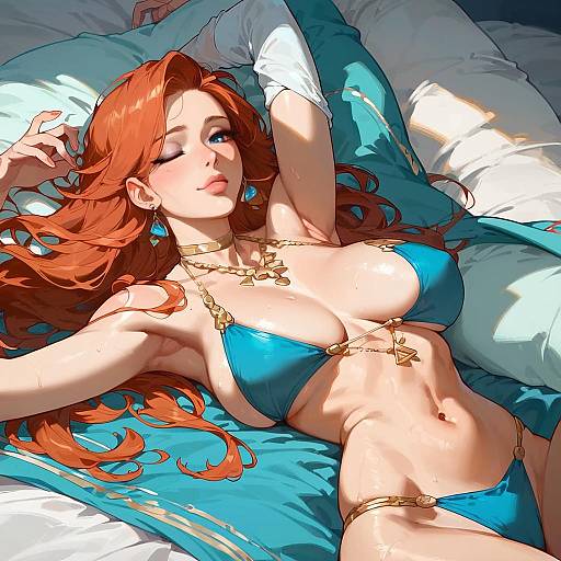 Auburn Woman in Turquoise Bikini on Yacht