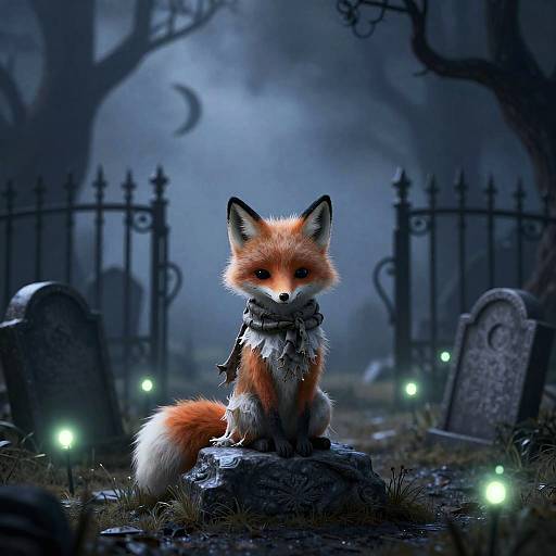 Melancholy Ghost Fox in Burtonesque Graveyard