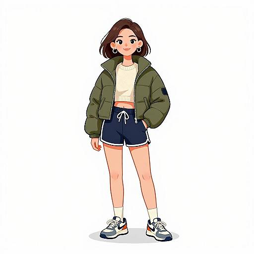 Digital anime-style drawing of a young woman with short brown hair, green jacket, white shirt, navy shorts, white socks, and sneakers, standing against
