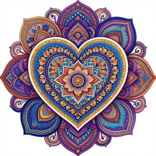 Vibrant, intricate mandala design featuring a large blue and orange heart with floral patterns, surrounded by detailed, multicolored petals and swirls
