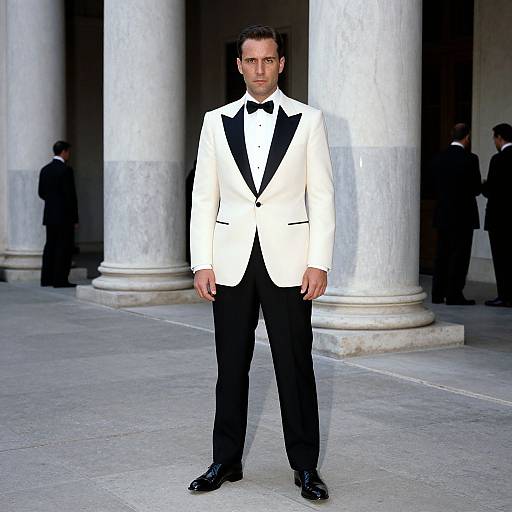 Photograph of a serious, handsome man in a white tuxedo with black lapels and bow tie, standing in front of white marble columns,