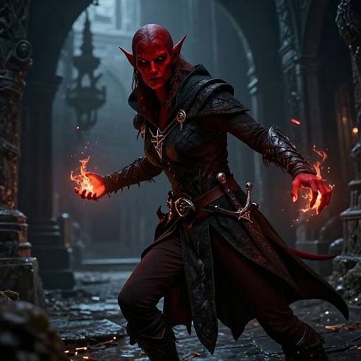 Digital fantasy artwork of a bald, red-skinned elf with pointed ears, dark armor, and glowing red fireballs in a dim, gothic cathedral
