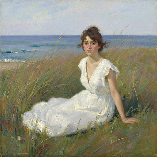 Impressionist painting of a young woman with brown hair, wearing a white dress, sitting in tall grass by a calm ocean.