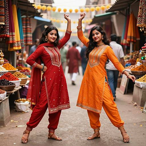 Photograph of two smiling Indian women in vibrant traditional outfits (red and orange) dancing in a bustling market, arms raised, surrounded by colorful goods and
