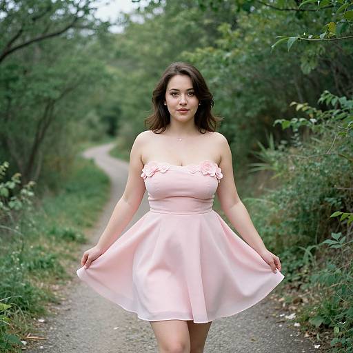 Photograph of a young woman with fair skin and brown hair, wearing a pink, strapless, floral-embellished dress, standing on a