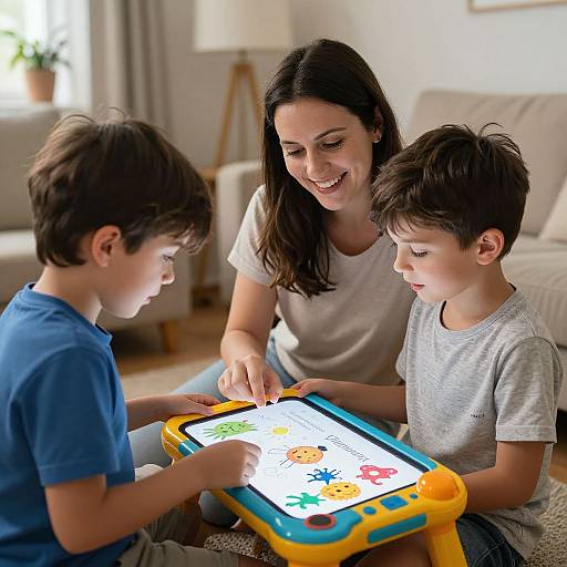 Photograph of a smiling brunette woman with straight hair, sitting on a carpet, playing a colorful tablet game with two young boys in a bright, modern