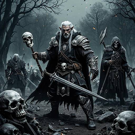Fantasy Half-Elf Necromancer and Allies in Haunted Battlefield