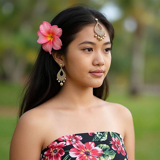 Photograph of a young Asian woman with long black hair, wearing a floral strapless dress, gold earrings, and a teardrop forehead ornament,