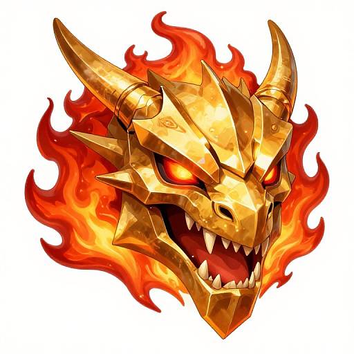 Digital illustration of a fierce, golden dragon head with glowing red eyes, sharp teeth, and fiery red-orange flames surrounding it.