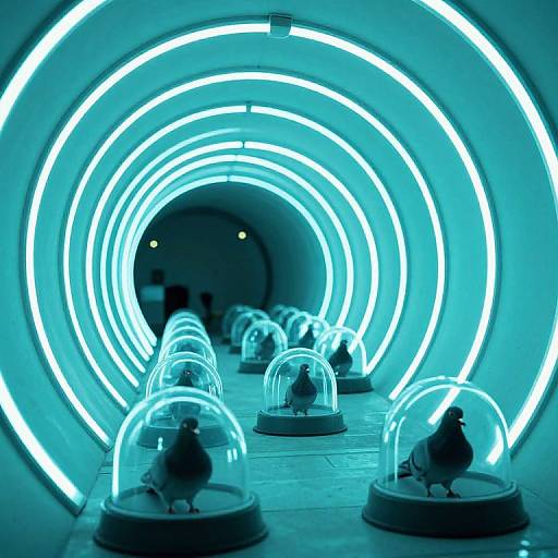 Futuristic Pigeons in Neon Tunnel