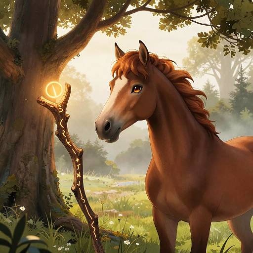 Digital painting of a majestic brown horse with a flowing mane, standing under a tree with glowing magical fire on a branch. Sunlight filters through the forest