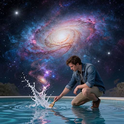 Photograph of a young man in a denim shirt and beige pants, kneeling by a pool, splashing water while a vibrant, colorful galaxy swirls