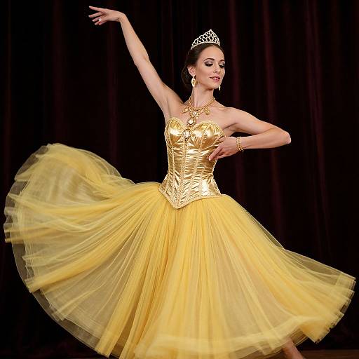 Photograph of a ballerina in a golden corset and flowing yellow tulle skirt, wearing a silver tiara, dancing gracefully against a black