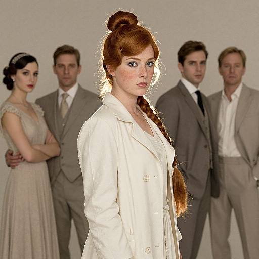 Photograph of a red-haired woman in a white coat with a braid, standing in front of four men in suits against a plain background.