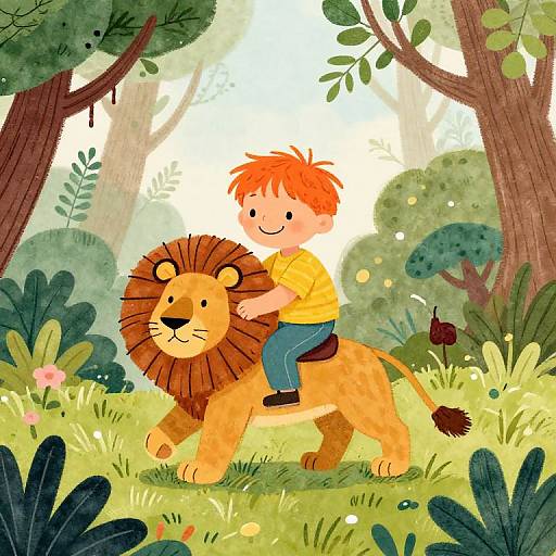 Toddler Riding Lion in Jungle Moomin Style