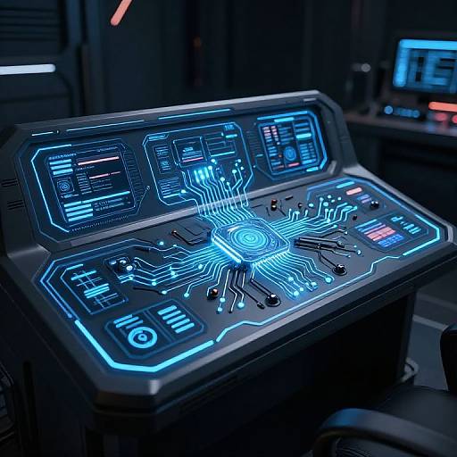 Photograph of a high-tech control panel with glowing blue neon circuit diagrams, buttons, and screens, set in a dimly-lit, futuristic environment