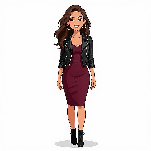 Digital illustration of a smiling woman with long brown hair, wearing a black leather jacket, burgundy dress, and black ankle boots. White background.