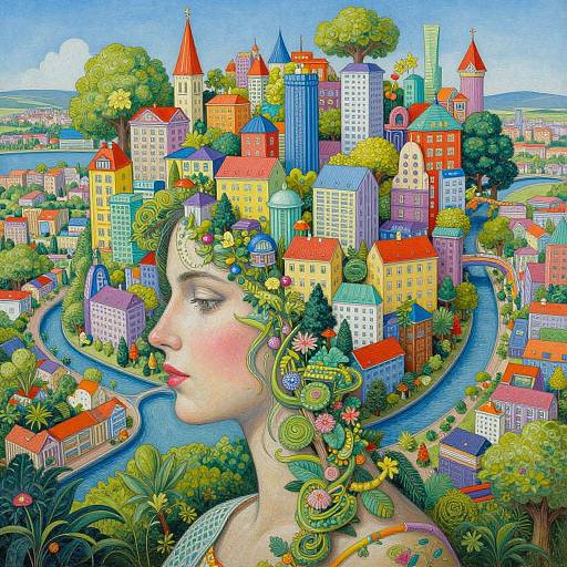 Whimsical digital painting of a fair-skinned woman with floral and leafy hair, profiled amidst a vibrant, colorful cityscape with rivers,
