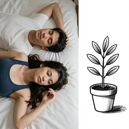 Couple Relaxing in Bed with Plant Drawing
