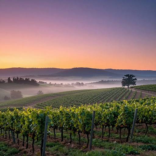 Photograph of a misty vineyard at sunrise, with rows of green grapevines, a lone tree, and a gradient sky from orange to