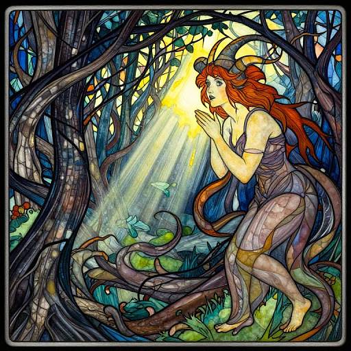 Stunning stained-glass-style digital painting: Red-haired, horned, ethereal woman in flowing dress kneels in sunlit forest, hands raised