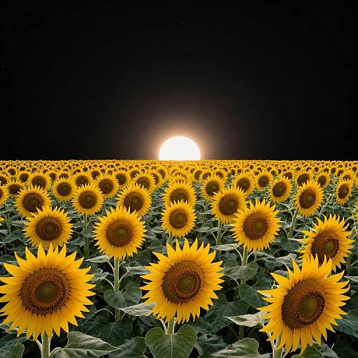Sunset over vast sunflower field, vibrant yellow sunflowers against a black sky, bright sun partially hidden behind horizon. Photorealistic image.