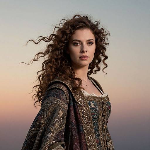 Photograph of a Caucasian woman with long, curly brown hair wearing an intricately embroidered medieval-style dress against a gradient sunset background.