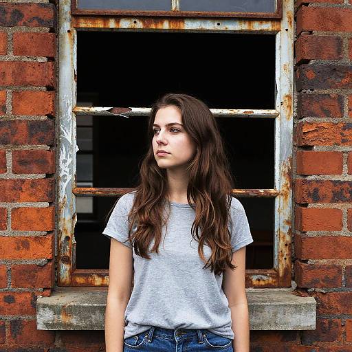 Photograph of a young woman with long brown hair, wearing a gray t-shirt and blue jeans, standing in front of a rusty, red brick window