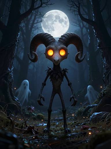 Digital artwork of a dark, horned, glowing-eyed creature standing in a moonlit forest with ghostly figures, eerie blue tones, and glowing fire