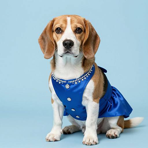 Photograph of a Beagle with brown and white fur, wearing a blue satin dress with white pearl embellishments, sitting against a light blue background.