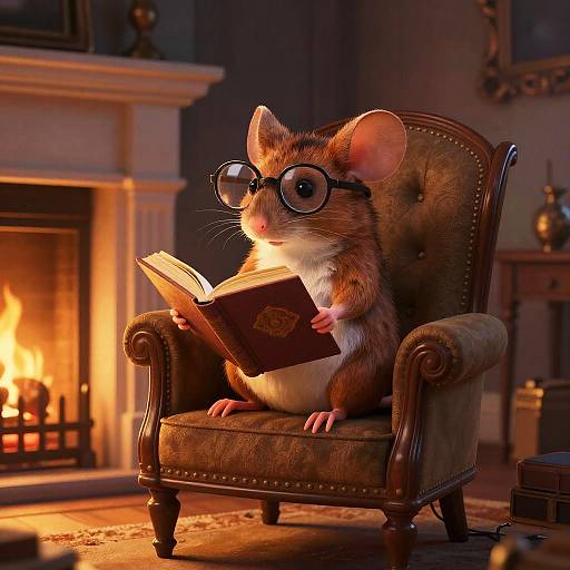 A detailed CGI image of a cute, brown mouse with glasses, reading a book in a cozy, lit fireplace room.