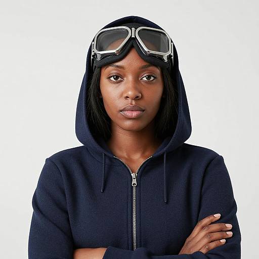 Photograph of a serious Black woman with dark skin, black hooded sweatshirt, and aviator goggles on her head, arms crossed, against a