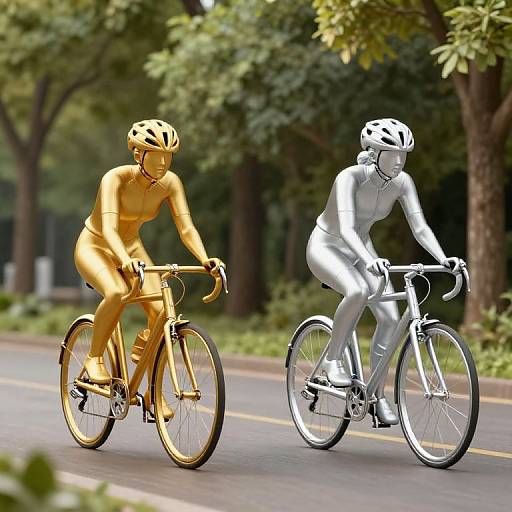 Photograph of two cyclists on a road: one gold-colored, one black-and-white, both wearing helmets, riding side-by-side through a wooded area