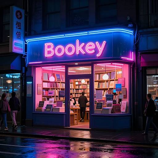Vibrant Neon Bookstore at Night