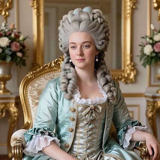 Digital portrait of a 18th-century aristocratic woman with voluminous gray curls, wearing a light blue satin gown with lace, gold buttons, and