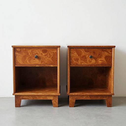 Photograph of two matching wooden nightstands with rich, swirling grain patterns, black round knobs, and simple square shapes, standing on a gray floor against