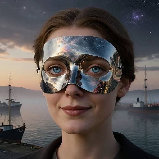 Surreal Metallic Masked Woman with Celestial Landscape