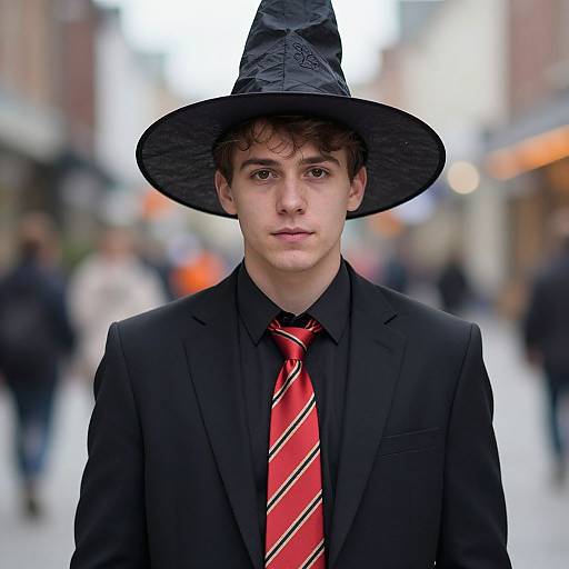 Photograph of a young man in a black suit, red striped tie, and large black witch hat, standing in a busy urban street. Blurred