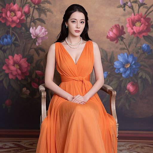 Photograph of an Asian woman with long black hair, wearing an orange, deep V-neck gown and pearl necklace, sitting on a wooden chair against a