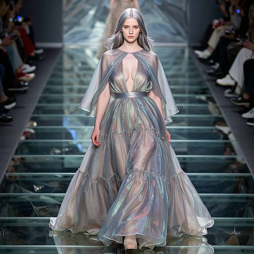 Photograph of a confident woman with long silver hair, wearing a shimmering, transparent, deep V-neck gown with sheer sleeves, walking on a glossy