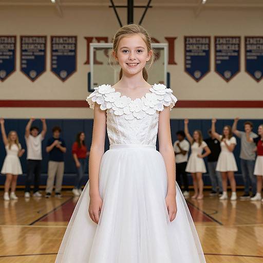 Photograph of a young blonde girl in a white, floral-embellished, sleeveless wedding dress standing in a gym with a group of children