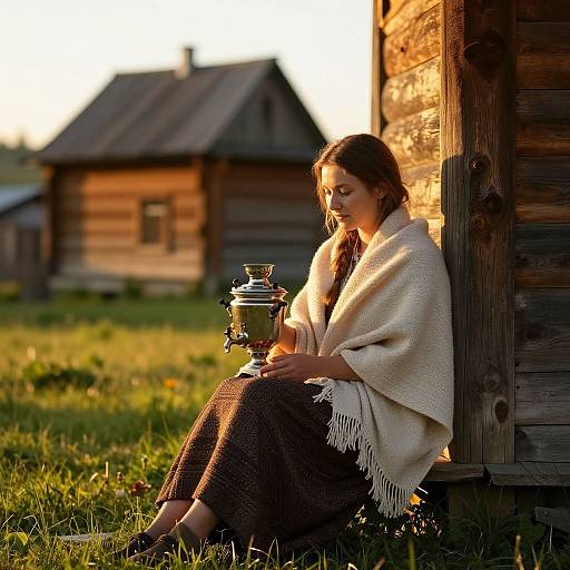 Rustic Woman with Samovar in Countryside