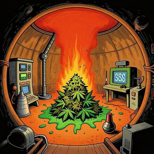 Cartoon-style drawing of a circular room with a blazing fire, green liquid pooling around a pile of cannabis, surrounded by control panels and an old TV