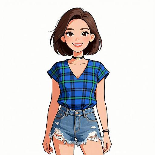 Smiling Woman in Casual Plaid Outfit